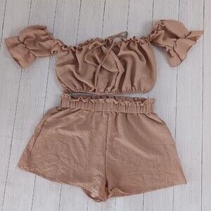 SHEIN VCAY Off Shoulder Knot Front Crop Top & Paper Bag Waist Shorts. Med US6